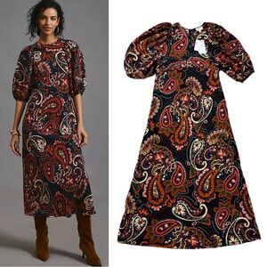 NEW Kachel Anthropologie Navy Blue Orange Paisley Satin Empire Midi Dress M Boho